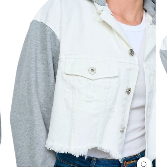 NWOT Dance & Marvel White Gray, Raw Hem, Crop Detachable Hoodie, Denim Jacket, - Picture 5 of 15